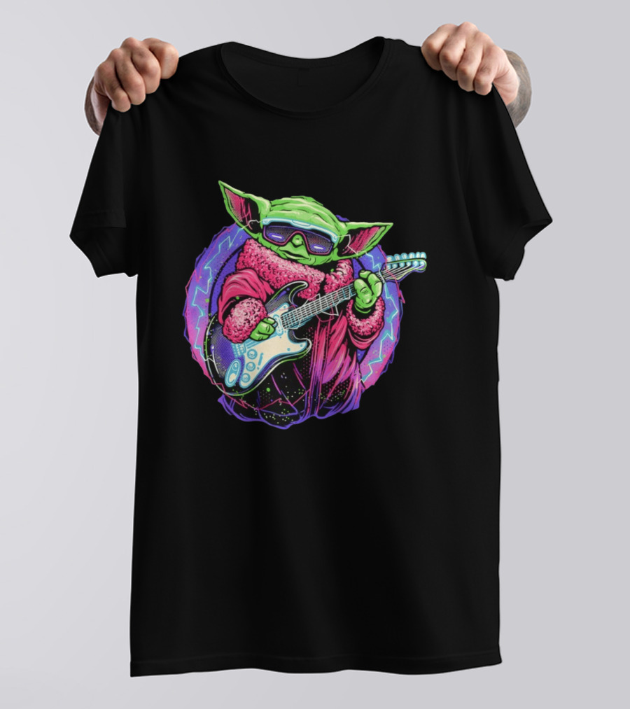 Grogu Electric Galaxy Guitar Blue Neon Lightning T-Shirt