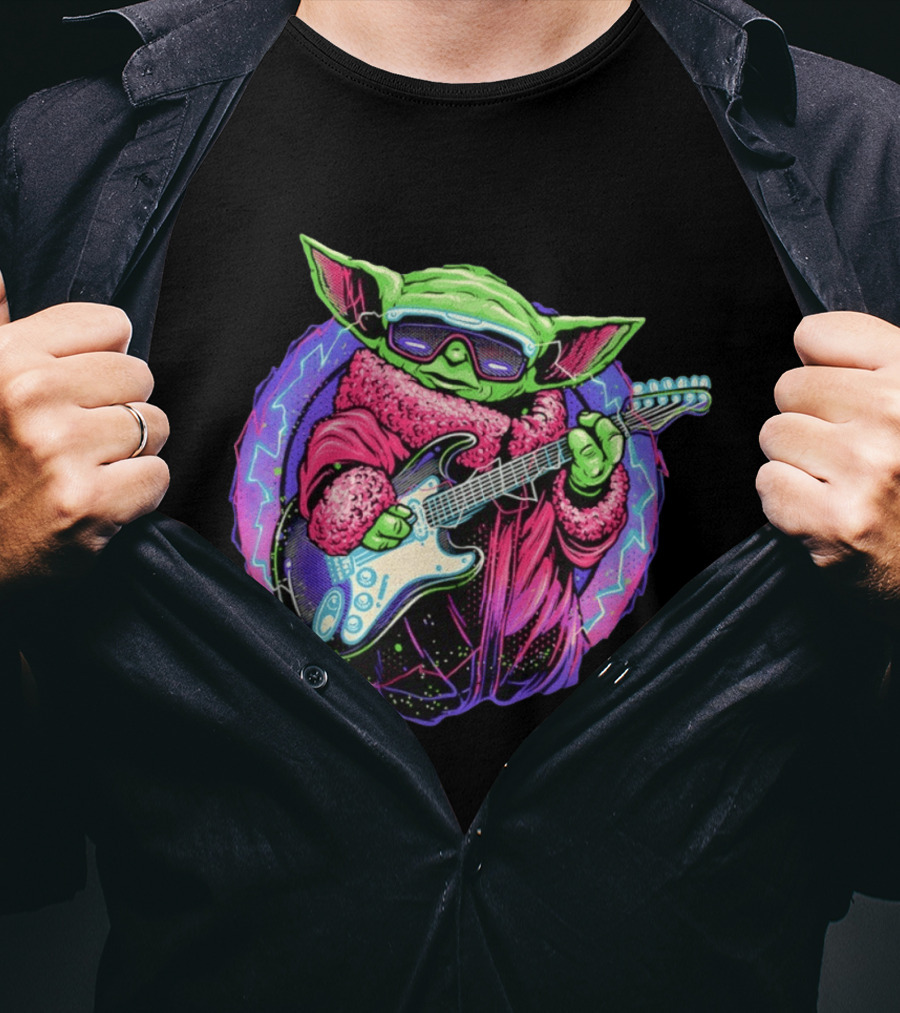 Grogu Electric Galaxy Guitar Blue Neon Lightning T-Shirt