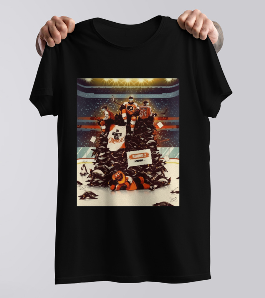 Philadelphia Flyers Ignite The Orange Round 2 Loading Cartoon Hockey Battle T-Shirt