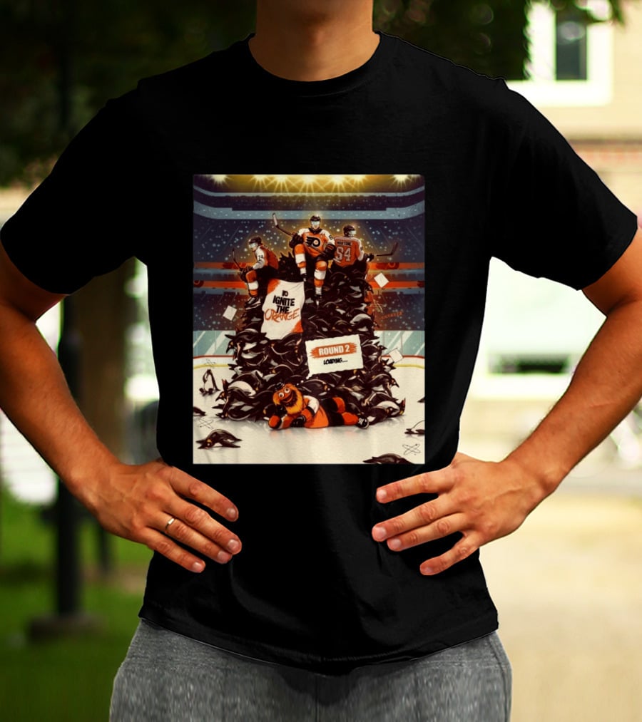 Philadelphia Flyers Ignite The Orange Round 2 Loading Cartoon Hockey Battle T-Shirt