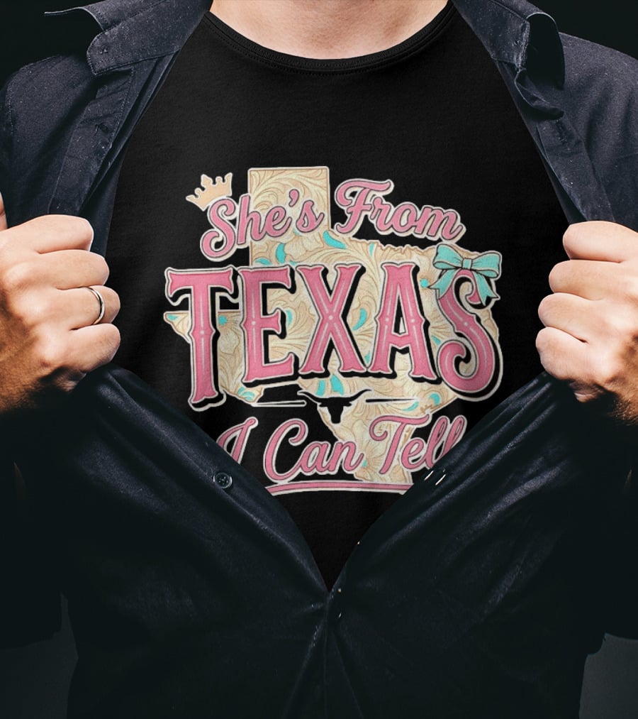 She's From Texas I Can Tell Texas Map Crown Bow T-Shirt