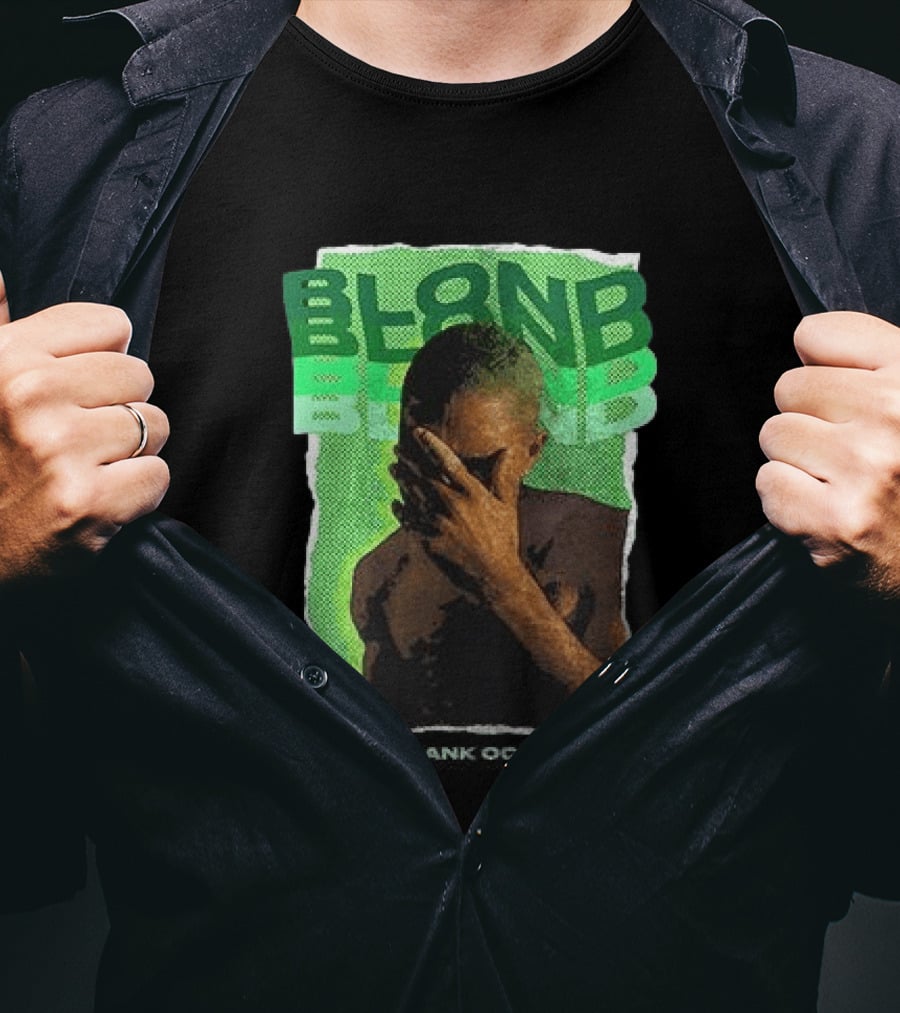 BLOND Frank Ocean Album Cover Art With Green Text And Contemplative Pose T-Shirt