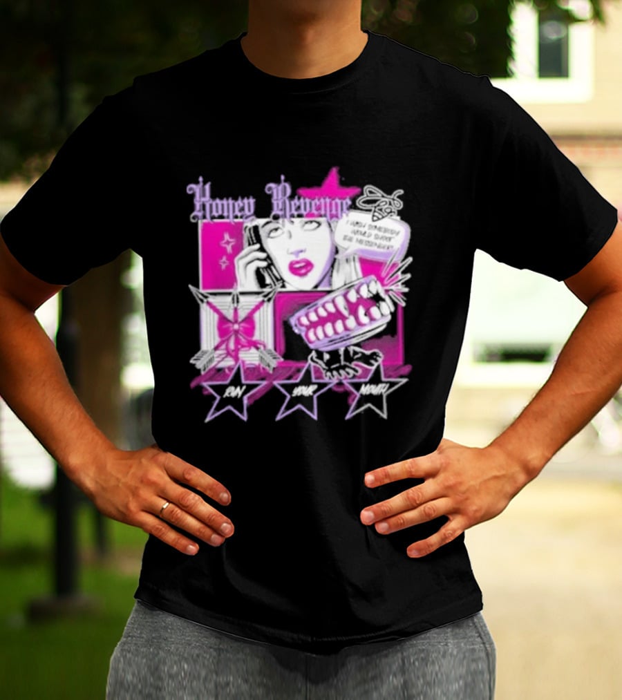 Honey Revenge Comic Style Pink And Black Lips Starburst T-Shirt