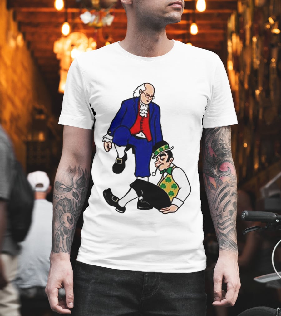 Ben Franklin Stepover Cartoon Colonial Vs Leprechaun T-Shirt