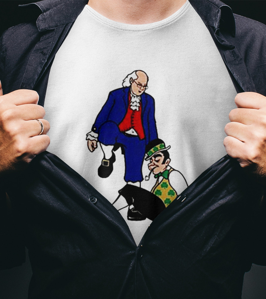 Ben Franklin Stepover Cartoon Colonial Vs Leprechaun T-Shirt