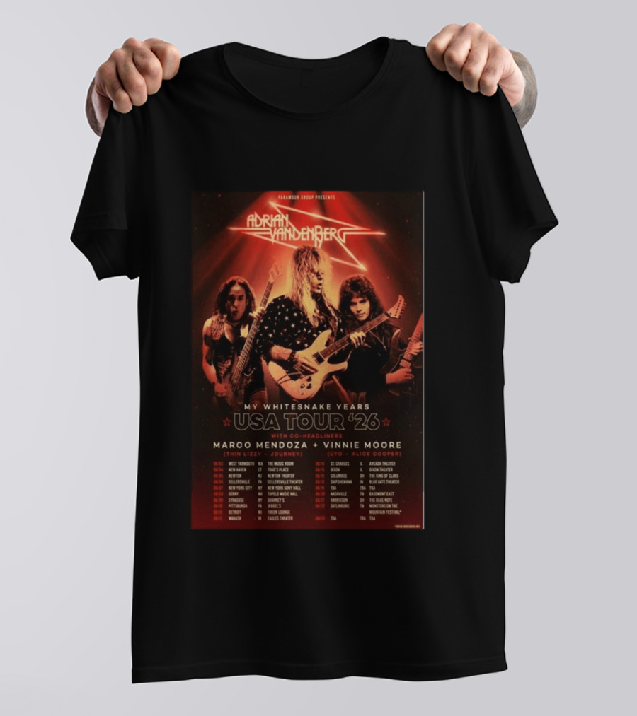 Paramour Group Presents Adrian Vandenberg My Whitesnake Years USA Tour 2026 With Marco Mendoza Vinnie Moore T-Shirt