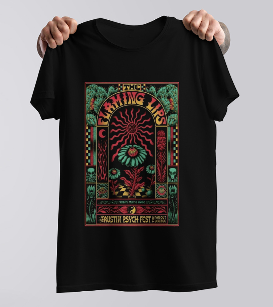 The Flaming Lips Austin Psych Fest May 8 2026 Far Out Lounge Psychedelic Art Skull Sunflower Moon T-Shirt
