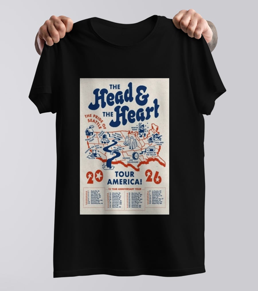 The Head And The Heart Tour America 2026 Pride Of Seattle Map 15 Year Anniversary T-Shirt