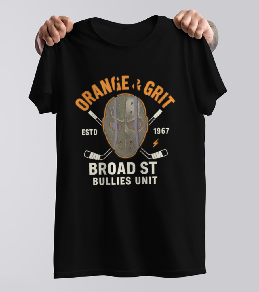 Orange And Grit Broad St Bullies Unit ESTD 1967 Hockey Mask And Sticks T-Shirt