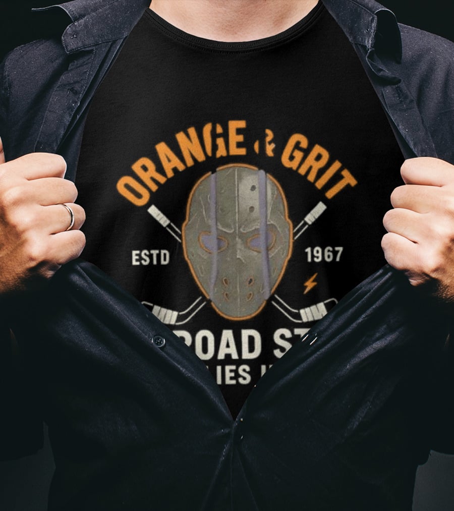 Orange And Grit Broad St Bullies Unit ESTD 1967 Hockey Mask And Sticks T-Shirt