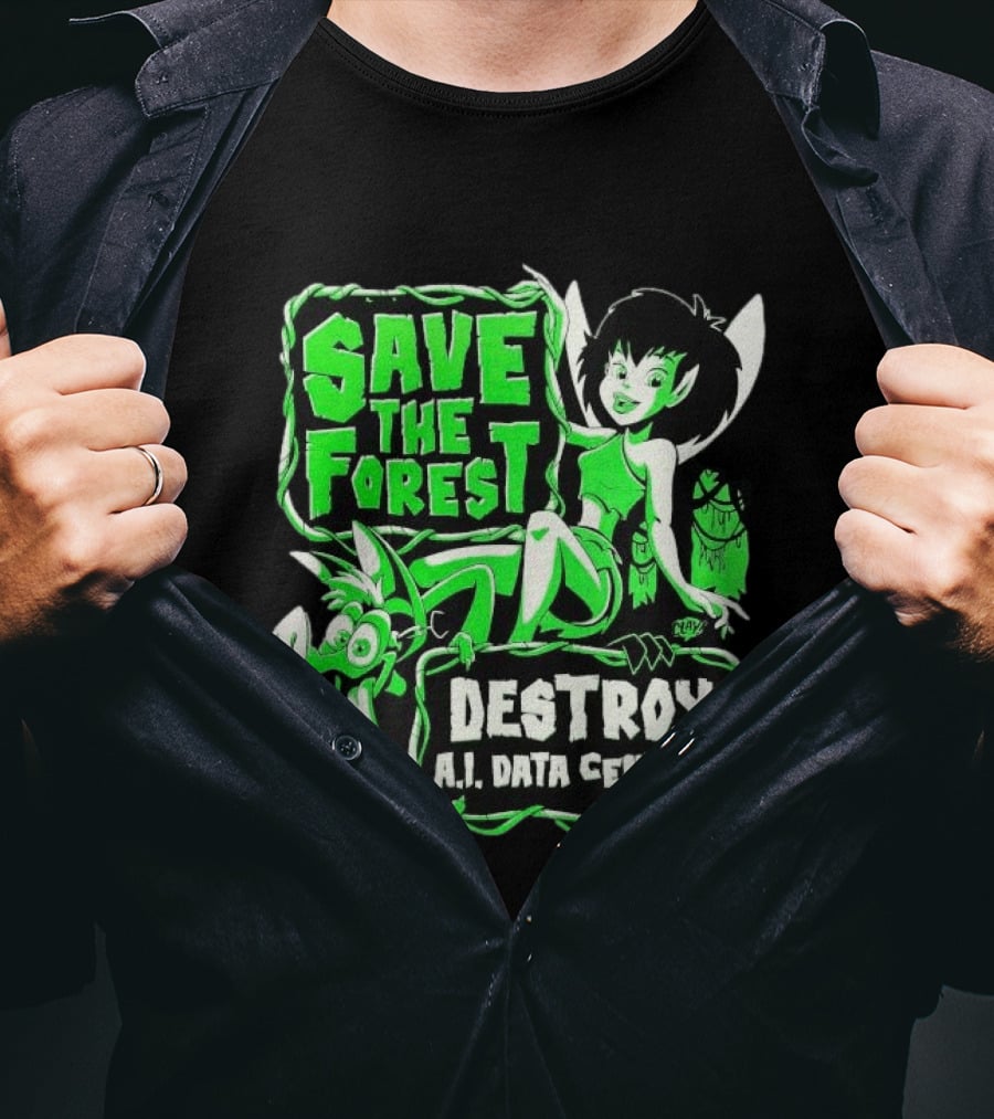 Save The Forest Destroy A.I. Data Centers Cartoon Fairy And Boar T-Shirt