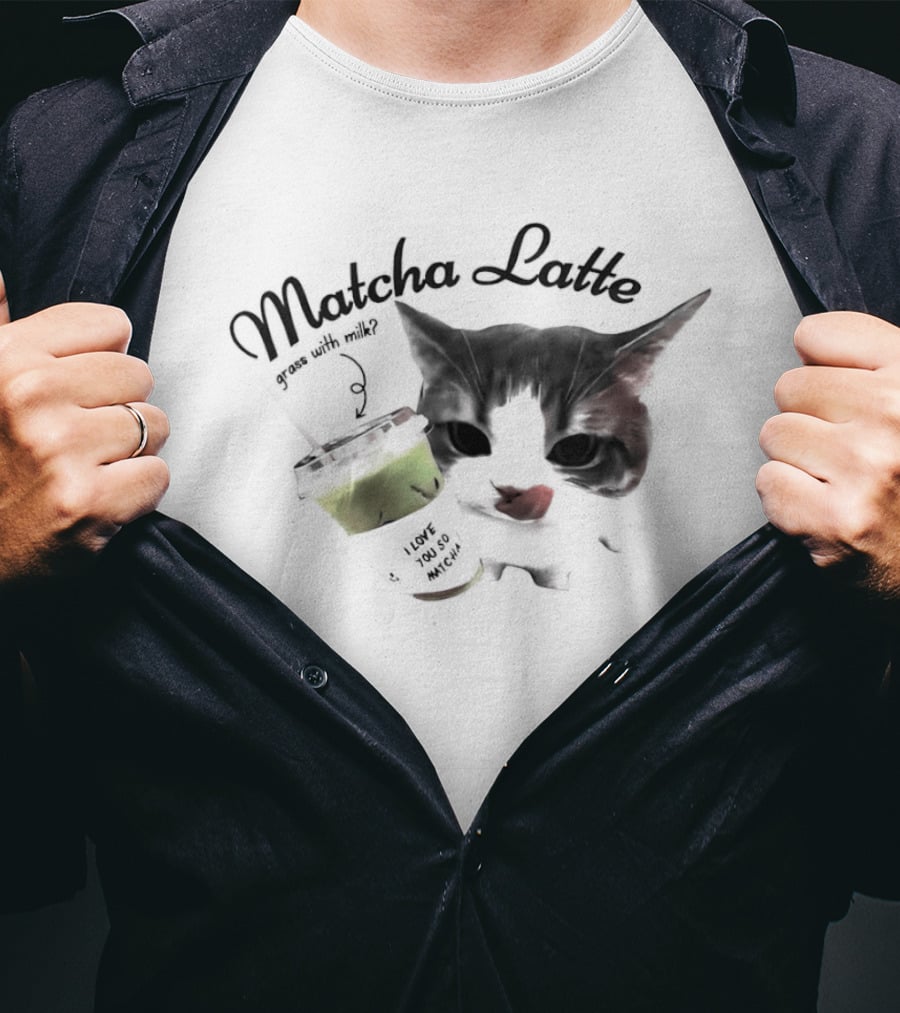 Matcha Latte Coffee Cat Kawaii With Paw And Tail T-Shirt