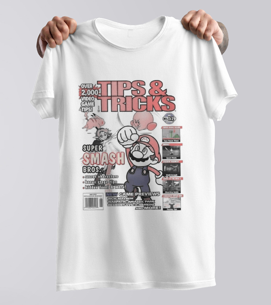 Super Smash Bros Over 2000 Video Game Tips And Tricks Retro Cover Mario Kirby Characters T-Shirt