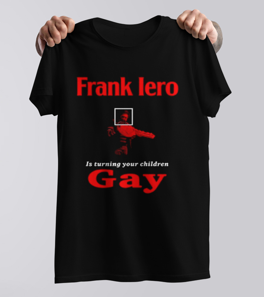 Frank Iero Is Turning Your Children Gay Text In Red With Bird Image T-Shirt