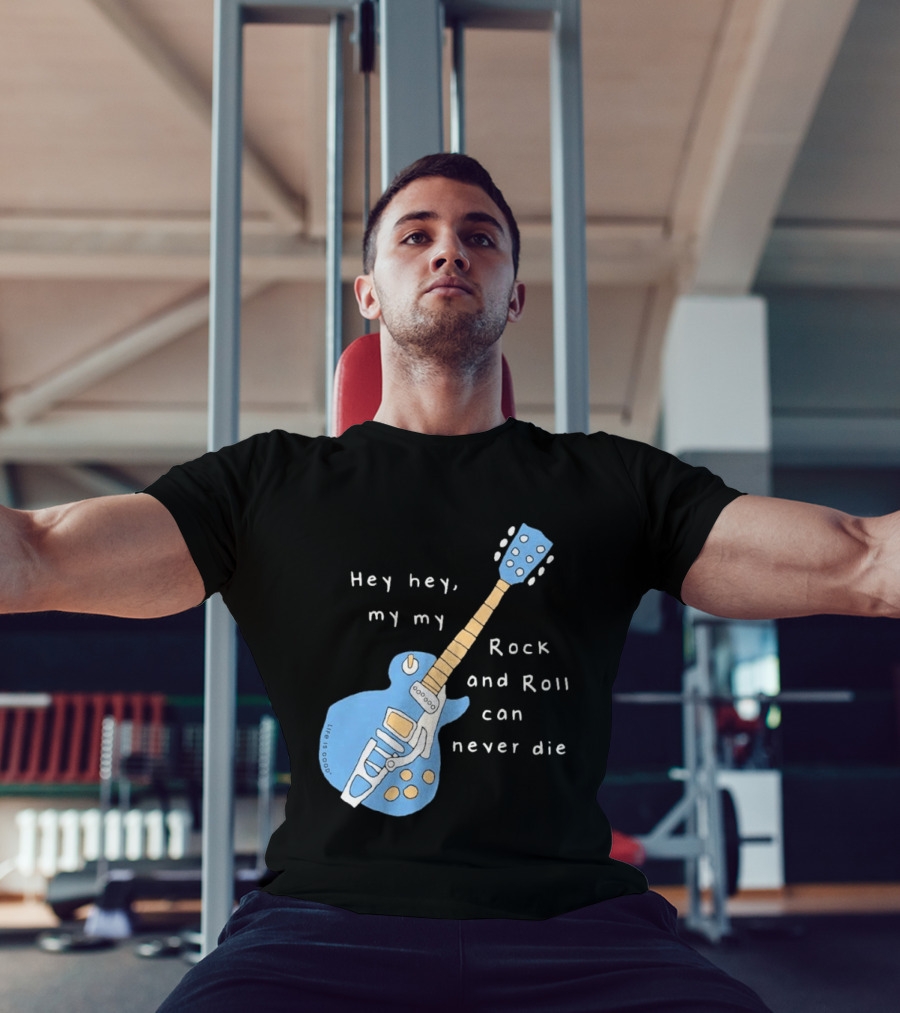 Hey Hey My My Rock And Roll Can Never Die Blue Guitar T-Shirt