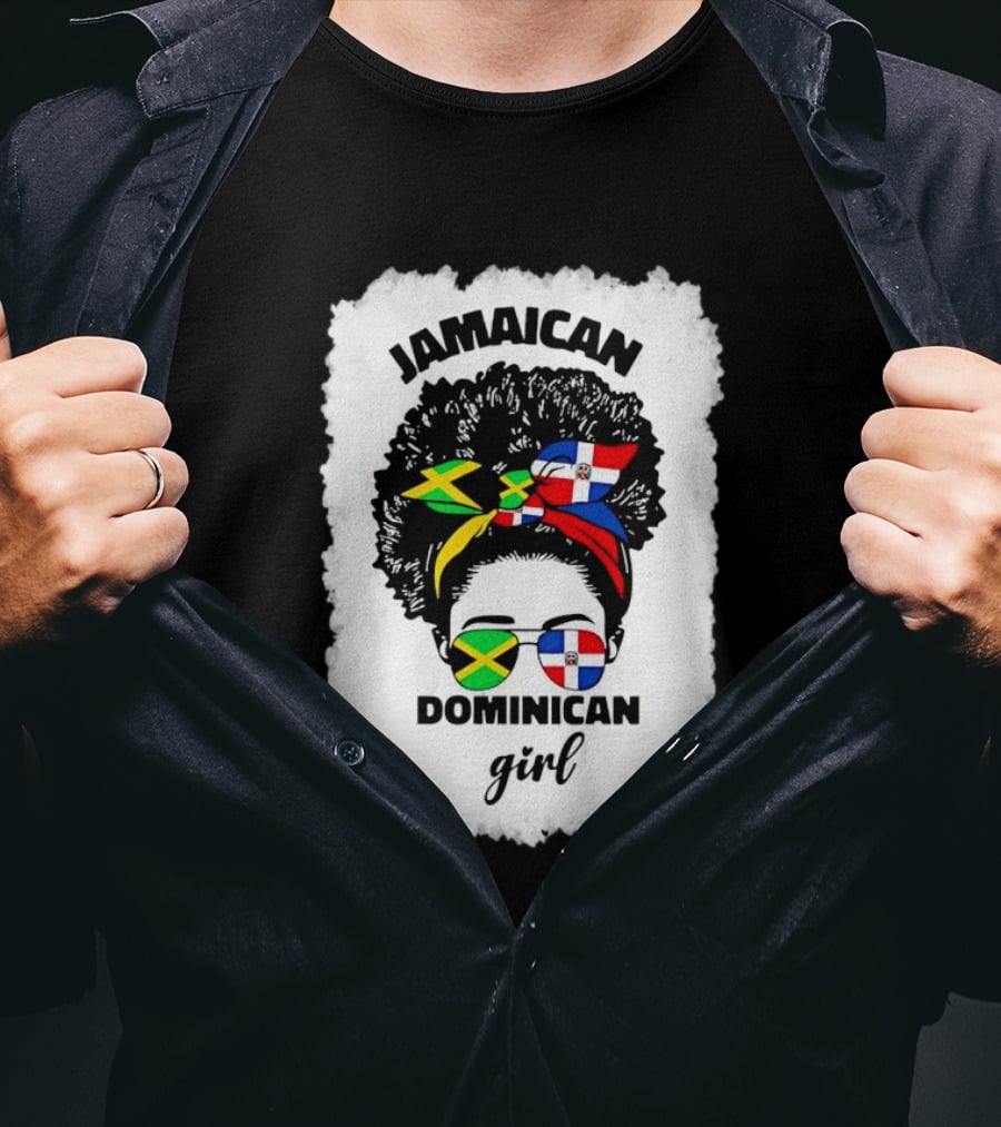 Jamaican Dominican Girl Afro Headwrap Flag Sunglasses T-Shirt