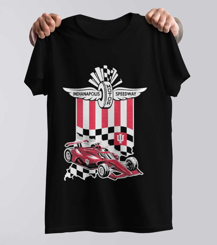 Indiana Hoosiers Red Race Car Indianapolis Motor Speedway Checker Flag T-Shirt
