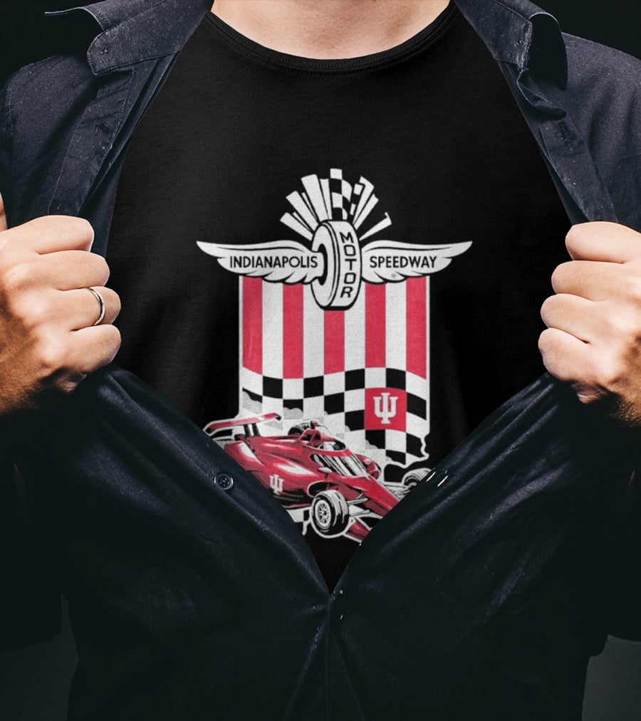 Indiana Hoosiers Red Race Car Indianapolis Motor Speedway Checker Flag T-Shirt