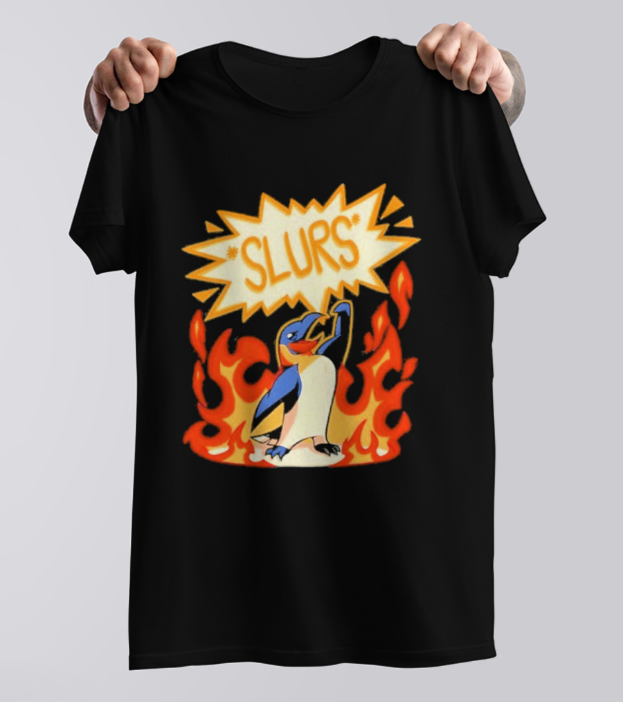 Penguin Slurs Cartoon Flaming Penguin In Fiery Speech Bubble T-Shirt