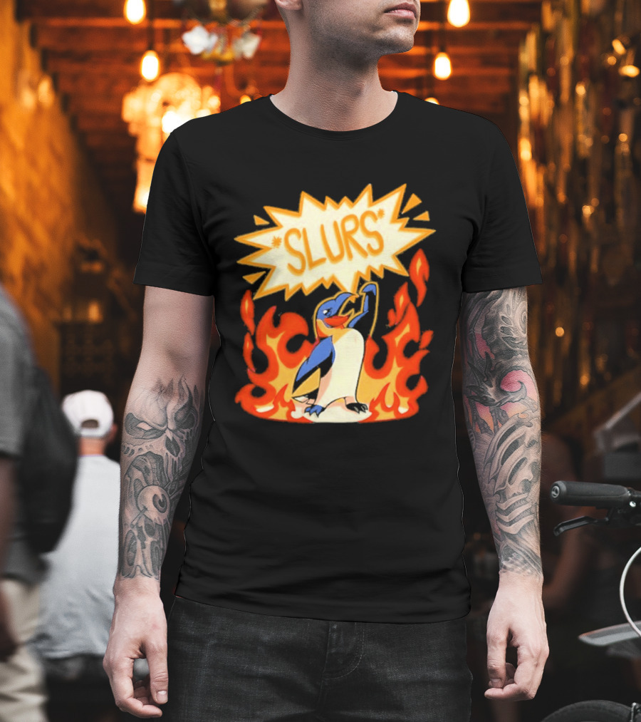 Penguin Slurs Cartoon Flaming Penguin In Fiery Speech Bubble T-Shirt