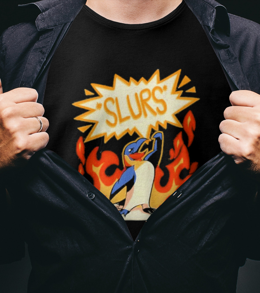 Penguin Slurs Cartoon Flaming Penguin In Fiery Speech Bubble T-Shirt