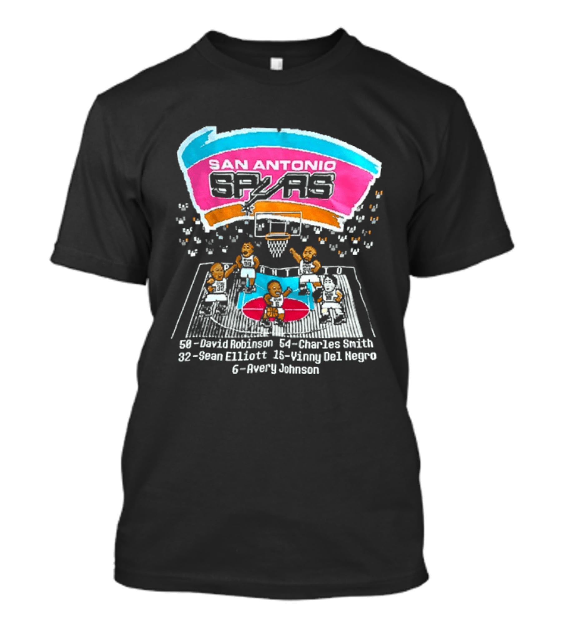 San Antonio Spurs 8 Bit Caricature David Robinson Charles Smith Sean Elliott Vinny Del Negro Avery Johnson NBA T-Shirt