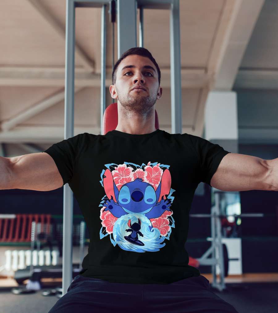 Lilo And Stitch Surfing Tropical Hibiscus Flowers T-Shirt