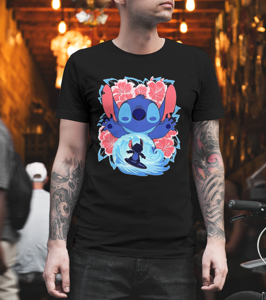 Lilo And Stitch Surfing Tropical Hibiscus Flowers T-Shirt