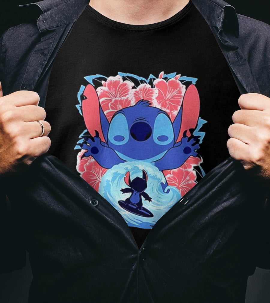 Lilo And Stitch Surfing Tropical Hibiscus Flowers T-Shirt