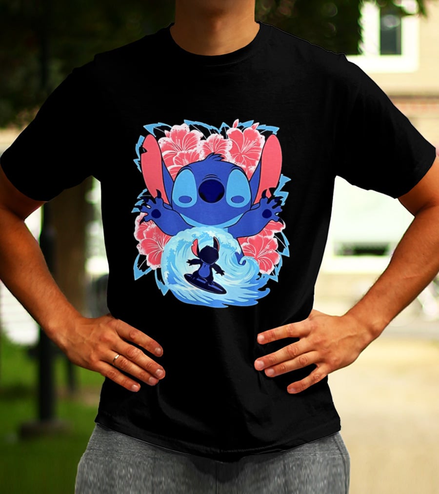 Lilo And Stitch Surfing Tropical Hibiscus Flowers T-Shirt