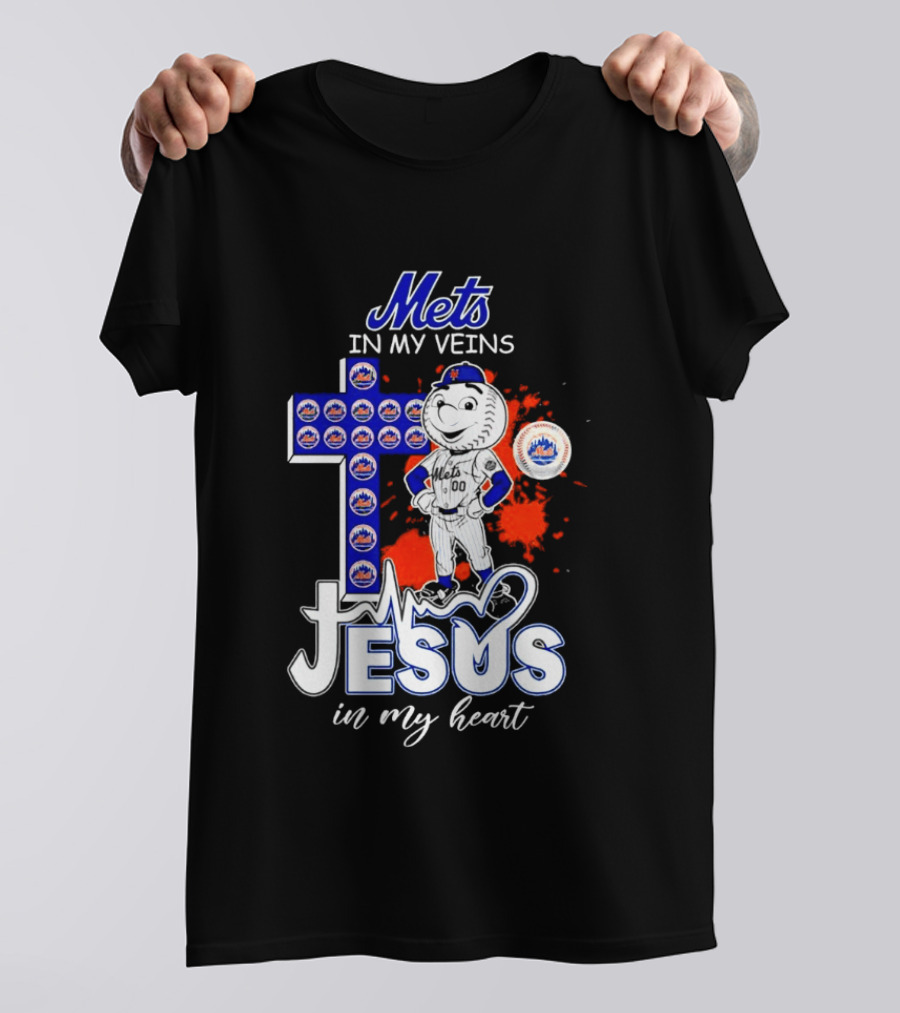 Mets In My Veins Jesus In My Heart Cross And Baseball T-Shirt