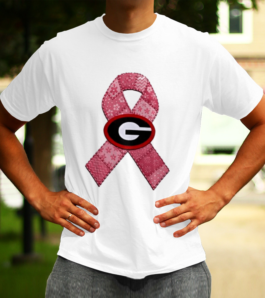 Georgia Bulldogs Patchwork Pink Ribbon Breast Cancer Awareness T-Shirt