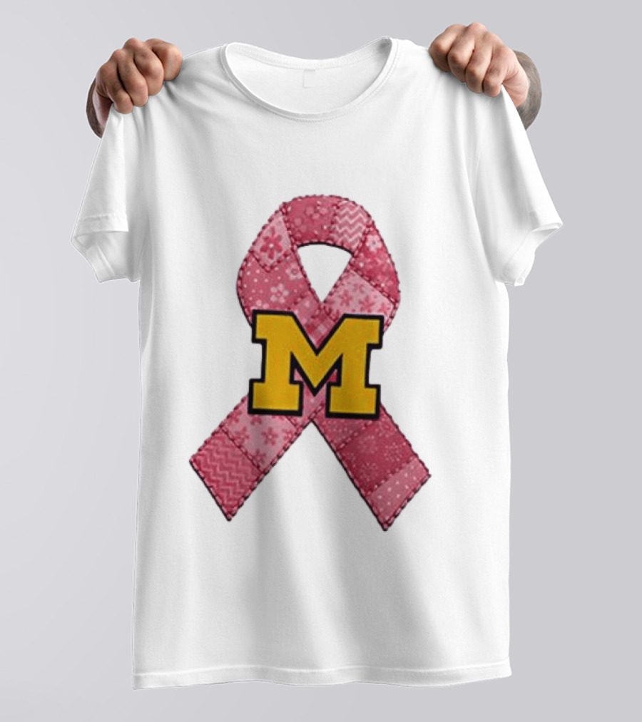 Michigan Wolverines Breast Cancer Awareness Pink Ribbon Patch T-Shirt