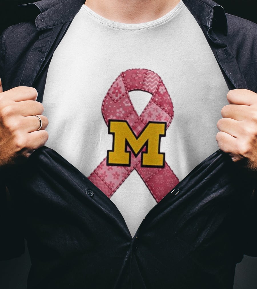 Michigan Wolverines Breast Cancer Awareness Pink Ribbon Patch T-Shirt