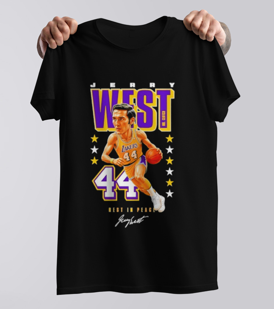 Jerry West Lakers 44 Rest In Peace Caricature Basketball Legend T-Shirt