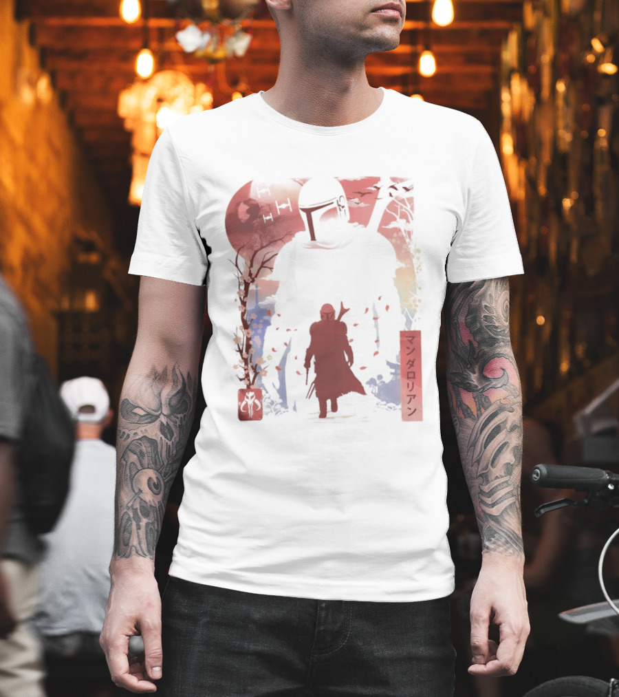 Lone Gunfighter Mandalorian Creed Japanese Text Star Wars Art Red Blue Yellow T-Shirt