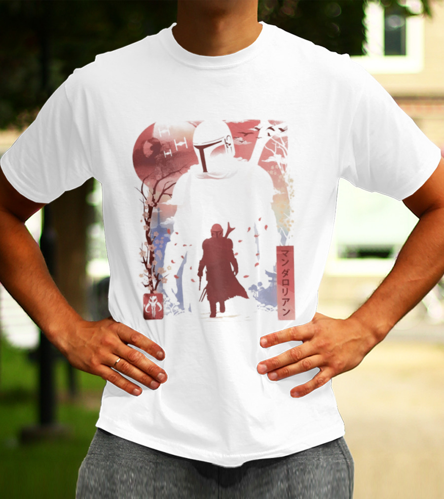 Lone Gunfighter Mandalorian Creed Japanese Text Star Wars Art Red Blue Yellow T-Shirt