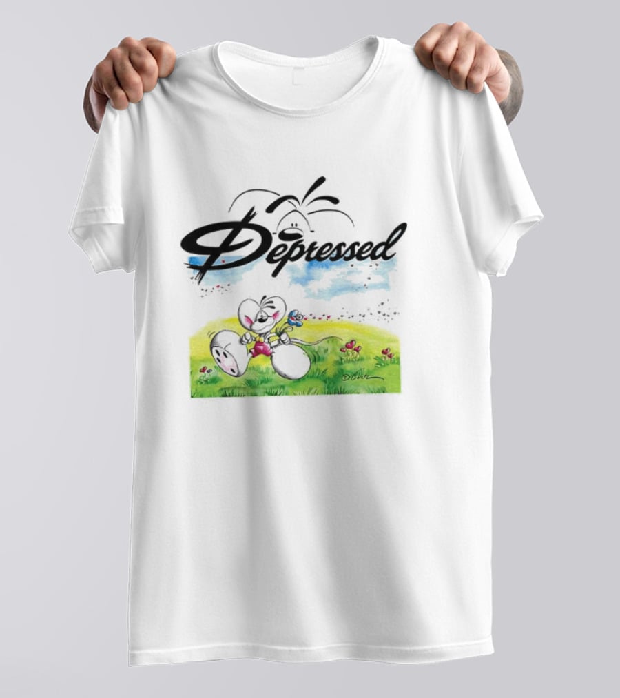 Depressed Diddl White Gerbil Cartoon In Spring Meadow T-Shirt