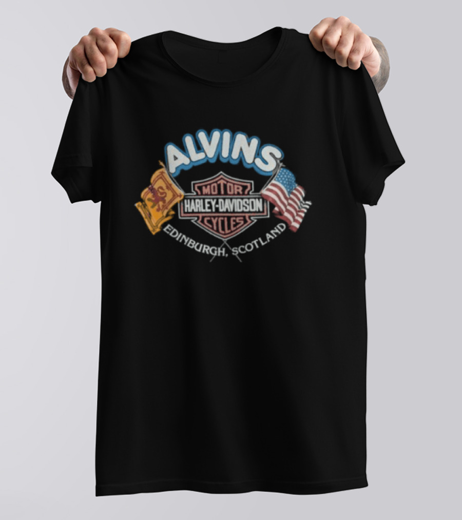 1990s Harley Davidson Alvins Motorcycles Scotland USA Flags T-Shirt