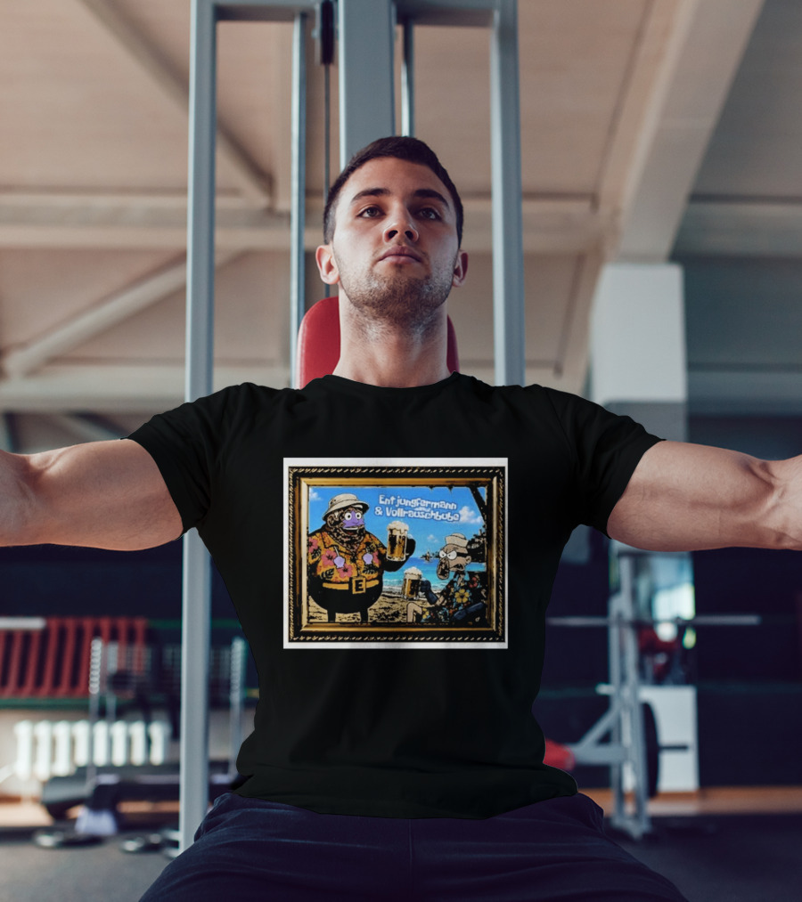 Entjungfermann And Vollrauschbube Tropical Beach Cartoon Characters Cheers With Beer T-Shirt