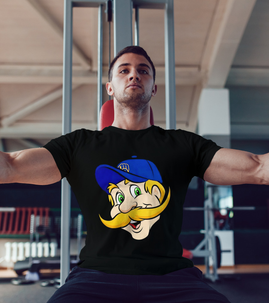 Milwaukee Brewers Big Face Mascot With Blue Cap And Mustache T-Shirt