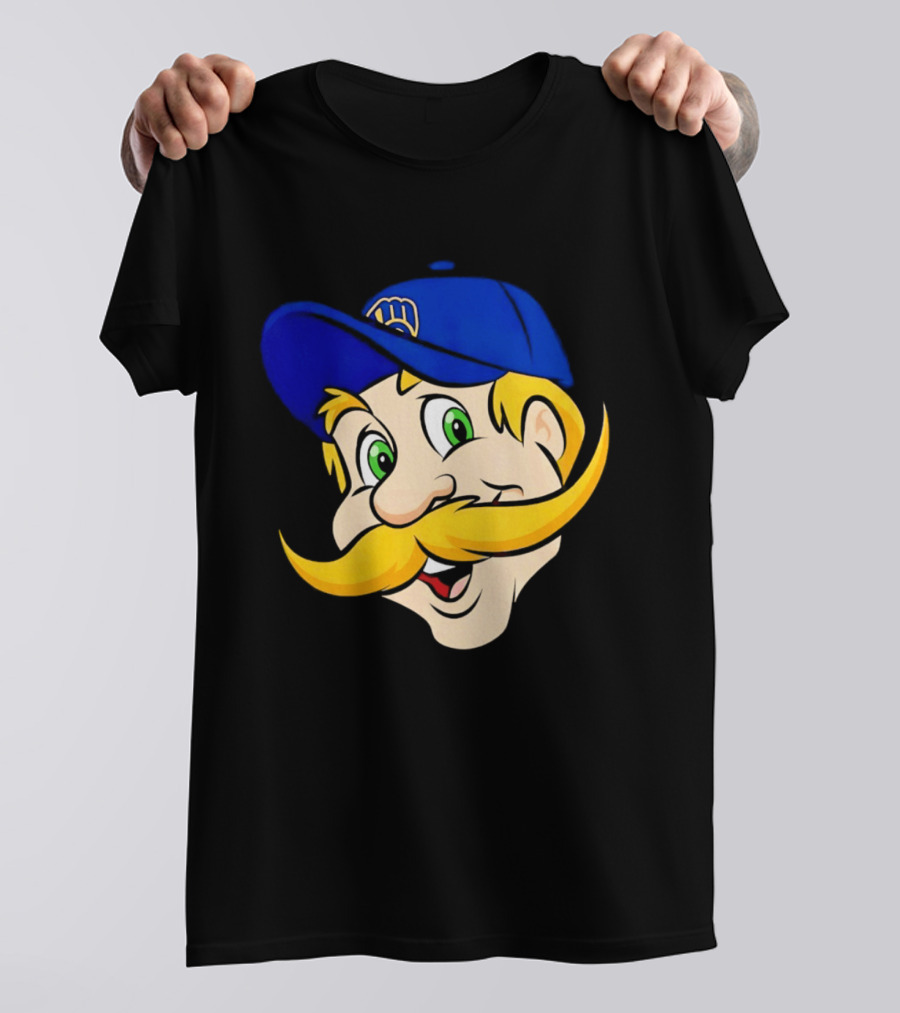 Milwaukee Brewers Big Face Mascot With Blue Cap And Mustache T-Shirt