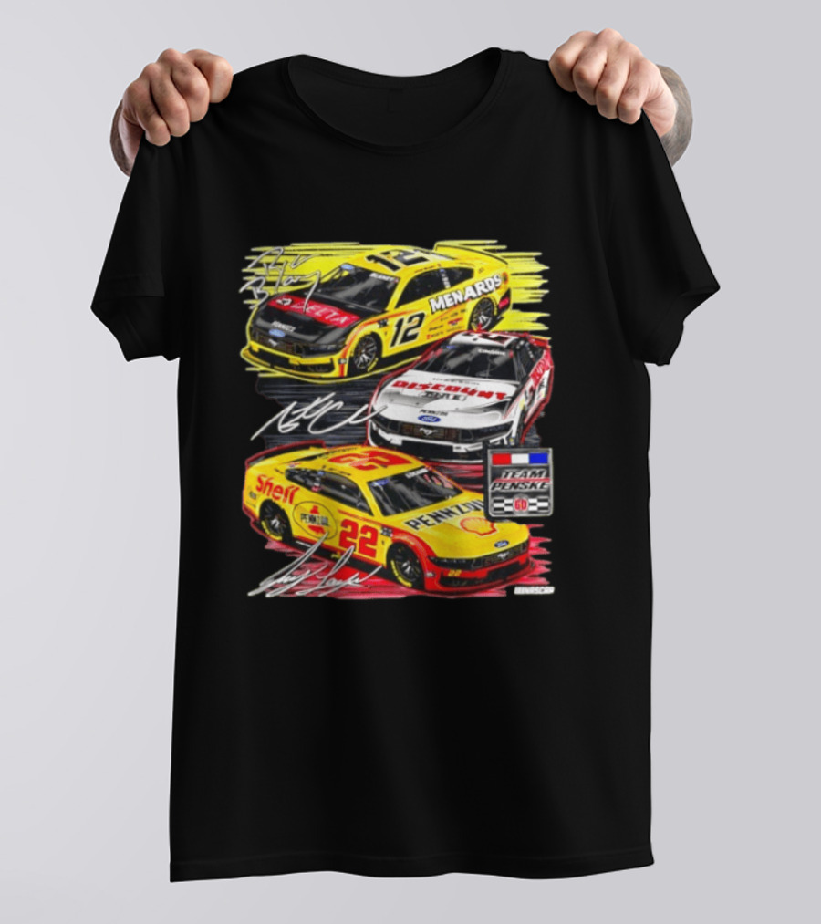 Team Penske 60th Anniversary NASCAR Racing Cars With Menards Shell Pennzoil Discount Tire Sponsors And Driver Signatures T-Shirt