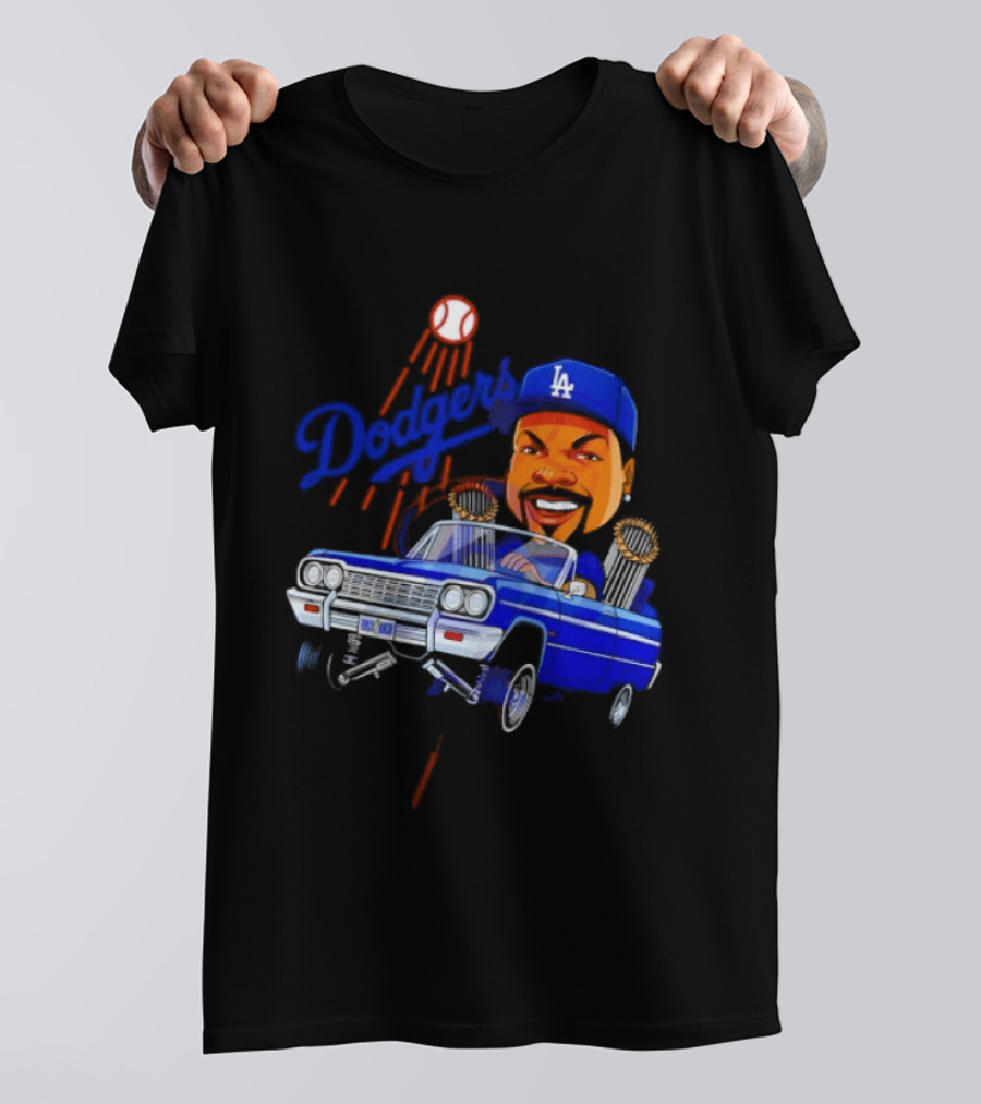 Ice Cube Cartoon Driving Lowrider Los Angeles Dodgers Baseball T-Shirt