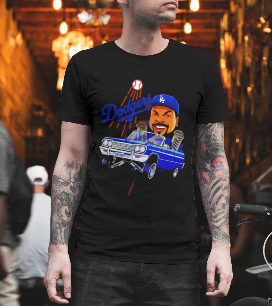 Ice Cube Cartoon Driving Lowrider Los Angeles Dodgers Baseball T-Shirt