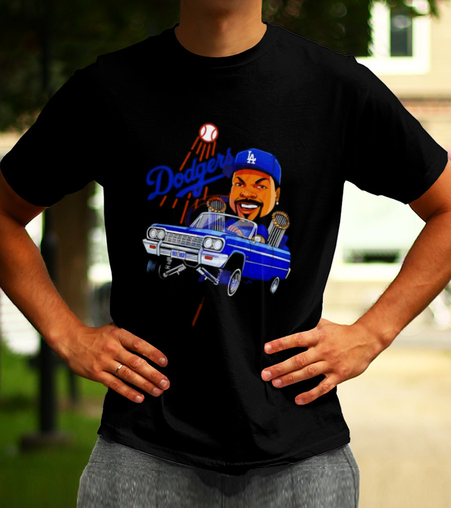 Ice Cube Cartoon Driving Lowrider Los Angeles Dodgers Baseball T-Shirt