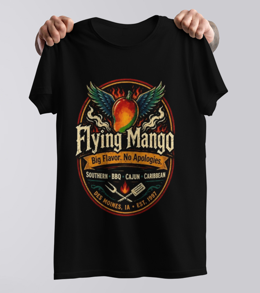 Flying Mango Southern BBQ Cajun Caribbean Des Moines IA Est 1997 T-Shirt