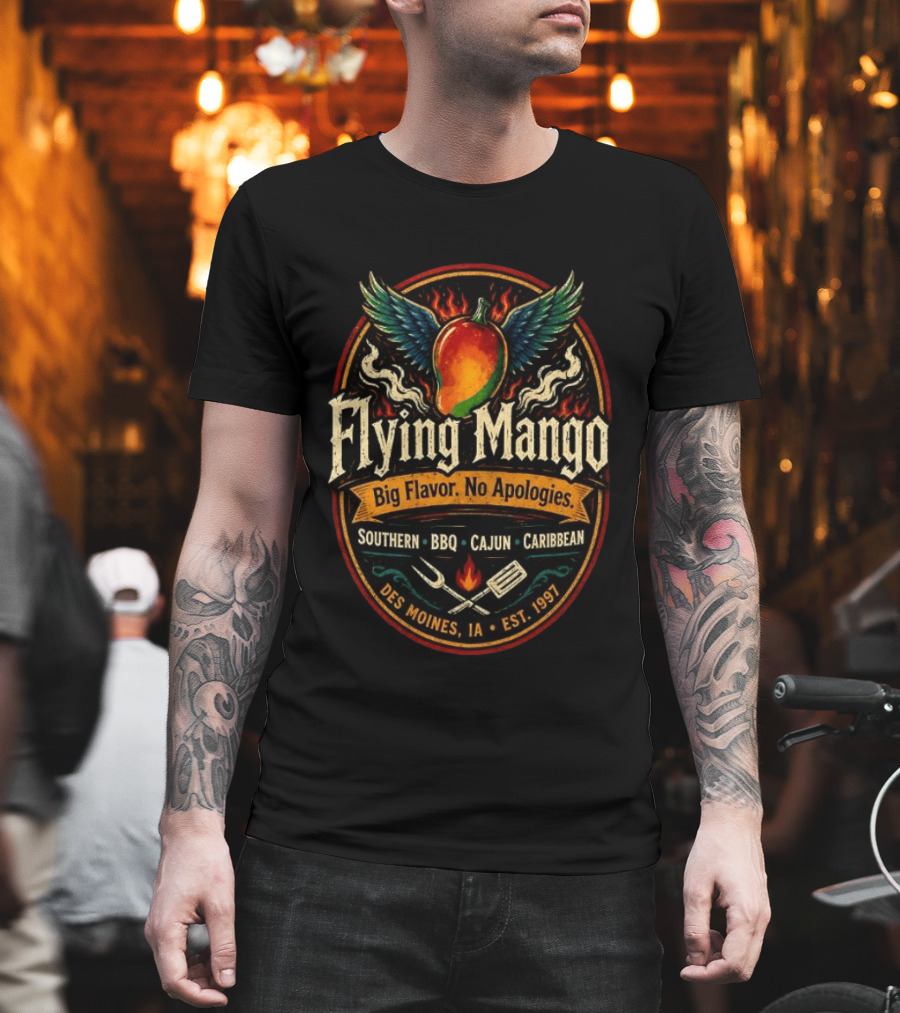 Flying Mango Southern BBQ Cajun Caribbean Des Moines IA Est 1997 T-Shirt