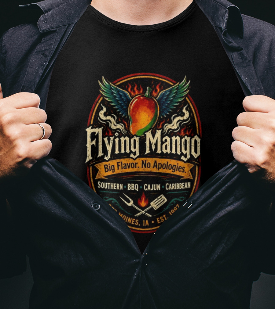 Flying Mango Southern BBQ Cajun Caribbean Des Moines IA Est 1997 T-Shirt