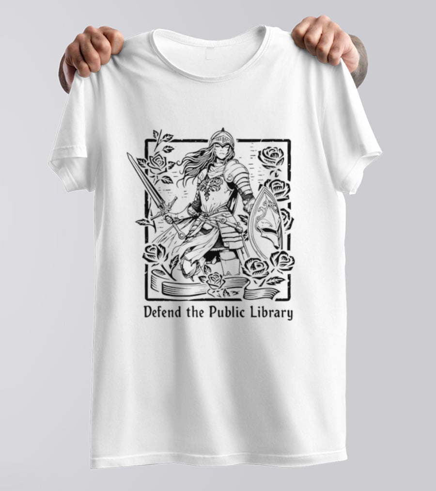 Defend The Public Library Knight With Sword And Roses T-Shirt